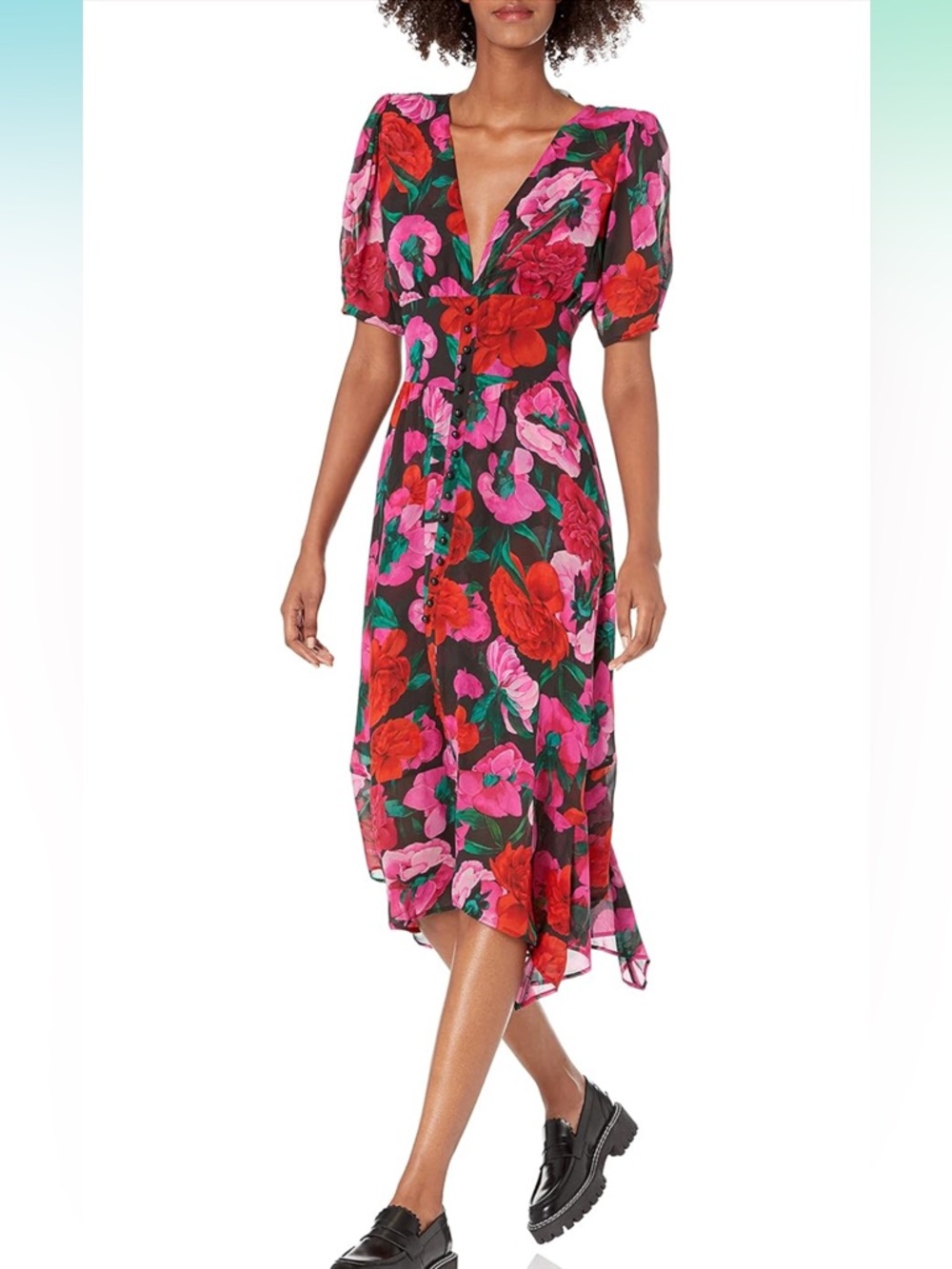 The Kooples Silk Floral Midi Dress Pink Red Print | size 2 Kooples (38 EURO)